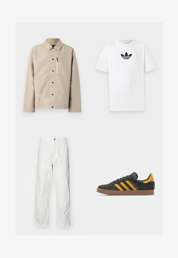 Beež North Face nööpidega jakk, millel on krae ja tõmblukuga rinnatasku, loodud välitingimustes kandmiseks.; Valge puuvillane T-särk, millel on must Adidas logo keskel. Lühikesed varrukad ja ümmargune kaelus. Sile tekstuur.; Valged puuvillased cargo püksid, millel on mugav lõige. Omadusteks on esikotid, kuldse riistvara aktsendid ja tugevdatud põlveosad.; Mustad sametist spordijalatsid kollaste aktsentidega, millel on kolm triipu ja pruun kummitald. Mugavuse tagamiseks on neil pehmendatud keele osa.