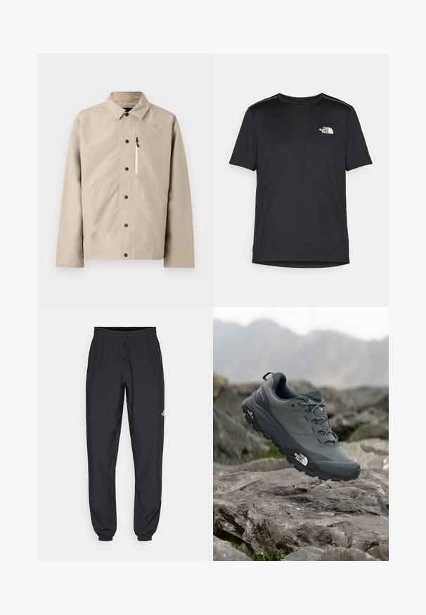 Bežna jakna s dugmadi marke North Face s ovratnikom i džepom na patentni zatvarač na prsima, dizajnirana za vanjsku upotrebu.; Crna majica kratkih rukava izrađena od lagane tkanine. Ima mali bijeli logo na lijevoj strani grudi i suptilne naglaske na ramenima.; Crne sportske hlače od lagane tkanine, s pojasom na vezanje, bočnim džepovima i suženim manžetama na gležnjevima.; Sive trail trkačka cipela s teksturiranim gornjim dijelom, izdržljivom gumenom potplatom i ojačanim vrhom. Ima vezice i logotip branda sa strane.