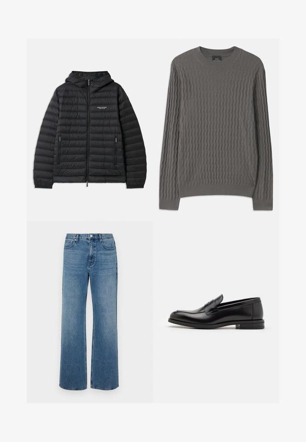 Crna jakna s podstavom, s kapuljačom, prednjim zatvaračem i dva bočna džepa. Sadrži logo na lijevoj strani prsnog dijela i teksturirani, quilted dizajn.; Armani Exchange Vesta - dark gull zig zag; Široke plave traperice od denima s izblijeđenim završetkom. Imaju pet džepova, prednje kopčanje na gumb i ravni kroj.; Crni kožni mokasini s glatkom teksturom, zaobljenim prstima i ukrasnom trakom preko prednjeg dijela. Niski slojeviti potplat, minimalistički dizajn.