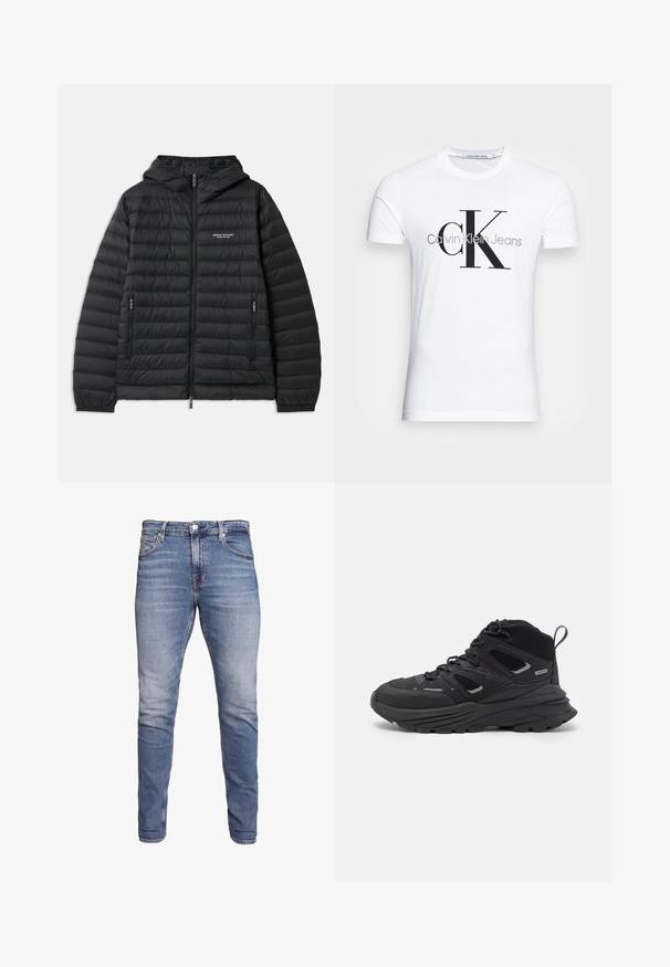 Pudret sort jakke med hætte, lynlås foran og to sidelommer. Har et logo på venstre bryst og en struktureret, quiltet design.; Hvid bomulds t-shirt med et sort "CK" logo og teksten "Calvin Klein Jeans", korte ærmer og en klassisk rund halsudskæring.; Blå denimjeans med slim fit, mellemhøj talje, femlomme-design, falmet vask og let slidmærker foran og bagpå.; Sorte vandresko med et lagdelt design, tekstureret stof og gummisål, med forstærkede områder og snørebånd foran.