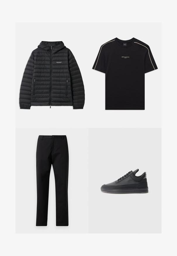 Polstret svart jakke med hette, frontlås og to sidelommer. Har en logo på venstre bryst og en teksturert, quiltet design.; Svart bomulls t-skjorte med korte ermer, rund hals, beige detaljer på skuldrene, og ARMANI EXCHANGE-logoen i midten.; Svarte rette bukser med knapp- og glidelås-lukking, beltehemper og frontlommer, vist på hvit bakgrunn.; svarte lær sneakers med en teksturert overflate, snøring, lav topp, og en grå gummi såle med en ribbet kant.