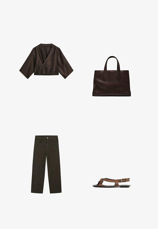 Geknipte bruine wikkeltop met brede mouwen, gemaakt van textiel met een structuur. Bevat een diepe V-hals en een decoratieve sluiting aan de voorkant.; Bruine cropped t-shirt met een ronde halslijn, korte mouwen en een zachte textuur. Ontworpen met een losse pasvorm en minimale details.; Donkergroene wijde jeans van een katoenmix, met een sluiting met een voorste knop, vijf zakken en klassieke denimstiksels.; Bruine leren sandaal met een open teen en zijuitsparingen. Voorzien van een enkelband met een metalen gesp en een platte zool.; Bruine leren tote bag met twee verlengde handvatten, gestructureerde rechthoekige vorm, gladde textuur en subtiele stiksels.