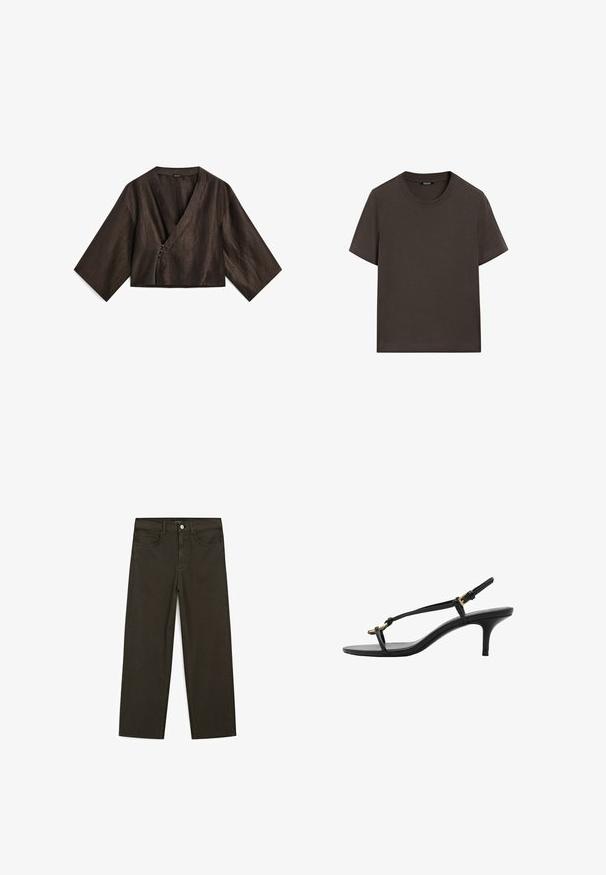 Top avvolgente marrone tagliato con maniche ampie, realizzato in tessuto testurizzato. Presenta un profondo scollo a V e una chiusura decorativa sul davanti.; T-shirt corto marrone scuro in cotone. Presenta un collo tondo e una vestibilità comoda, senza motivi o accenti visibili.; Jeans a gamba larga di colore verde scuro, realizzati in tessuto misto cotone, dotati di chiusura con bottone frontale, cinque tasche e cuciture classiche in denim.; Sandal con zeppa kitten nera in pelle, con sottili cinturini, fibbia dorata e una minimalista fascetta per le dita su sfondo bianco.