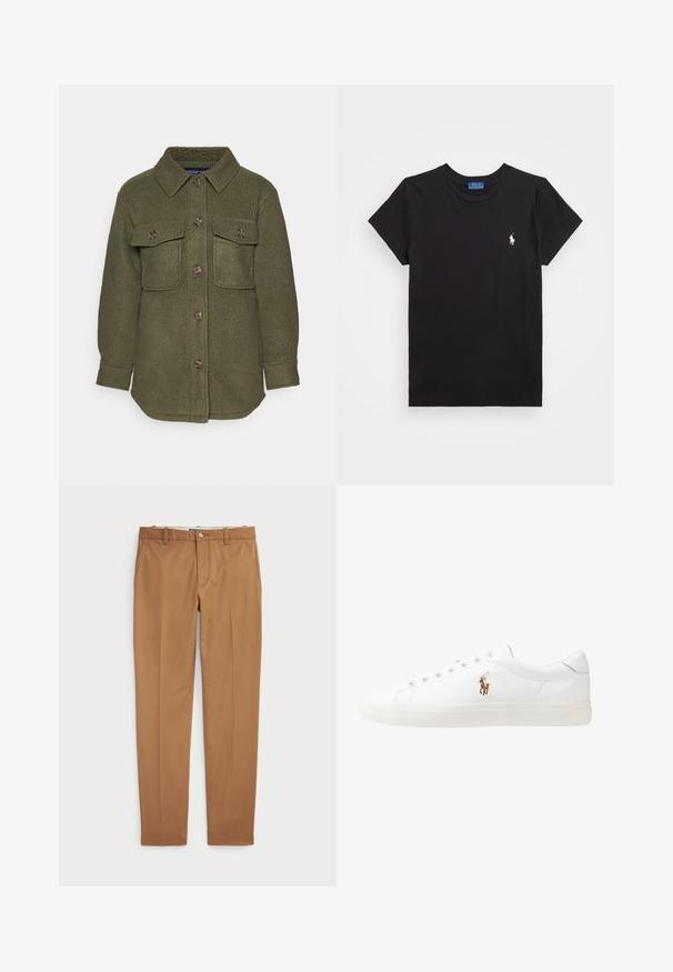 Olivno zelena flis jakna z teksturiranjem, z gumbnim zapiranjem, dvema prsoma žepoma in pointed ovratnikom. Primerna za plastenje.; Črna bombažna majica s krožnim izrezom, kratkimi rokavi in belim vezenim logojem na levem prsnem delu. Gladka tekstura, ležeren dizajn.; Rjave bombažne hlače s slim-fit obliko, ravnim sprednje delom in standardnimi žepi; gladka tekstura in obrobljeni robovi.; Bela usnjena teniski čevlji, nizki model, z gladko teksturo, okrogle konice, vezavi spredaj ter majhnim vezenim logotipom na strani.