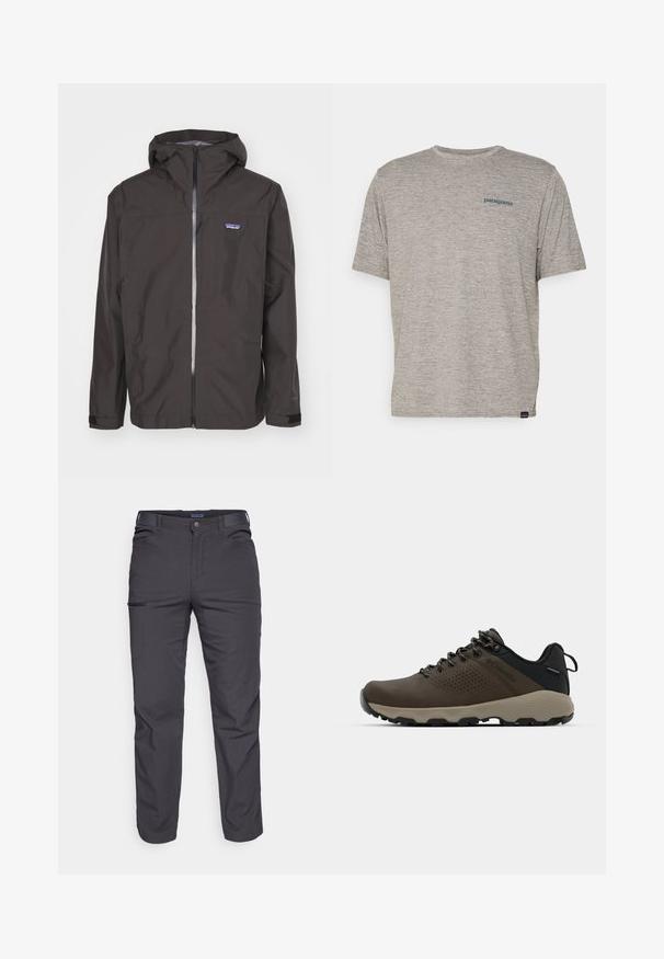 Menns svart vanntett jakke med hette, front glidelås, justerbare mansjetter og logo på brystet. Glatt tekstur, lett design.; Grå kortermet t-skjorte laget av mykt, teksturert stoff med en liten blå Patagonia-logo på venstre bryst. Ingen ekstra mønstre.; Mørkegrå bukser laget av slitesterkt stoff, med glidelåslomme, rett snitt og beltestropper for justerbar passform.; Brune vanntette joggesko med teksturert overdel, perforerte detaljer, svart hæl støtte og en grå gummisåle. Snøring er stilisert med metalliske ender.