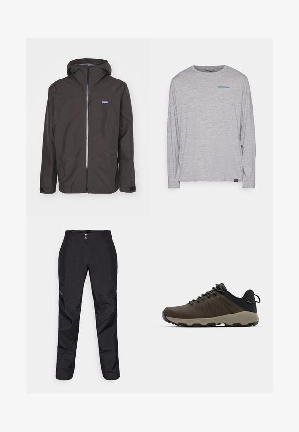 Pánska čierna nepremokavá bunda s kapucňou, predným zipsom, nastaviteľnými manžetami a logom na hrudi. Hladká textúra, ľahký dizajn.; Svetlošedé tričko s dlhým rukávom vyrobené z mäkkého, textúrovaného materiálu. Obsahuje okrúhly výstrih a malú modrú Patagonia logo na hrudi.; Čierne nepremokavé nohavice s hladkou textúrou, vybavené dvoma prednými gombíkmi a zúženým strihom. Ozdobené logom na boku.; Hnedé vodoodolné tenisky s textúrovaným zvrškom, perforovanými detailmi, čiernou oporou päty a šedou gumovou podrážkou. Šnúrky sú ozdobené kovovými koncami.