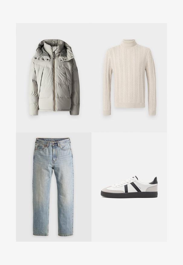 Šviesiai pilkas pūkų kailis su kapišonu, užtrauktuku, dvigubomis krūtinės kišenėmis ir raštuota audinio struktūra.; Šviesiai ruda, megzta palaidinė su aukštu, raukšlėtu golfu. Pasižymi tekstūriniu kabelio raštu ir raukšlėtomis rankogaliais bei apačia, suteikiančia jaukų išvaizdą.; Šviesiai mėlynos džinsinės kelnės su aukštu liemeniu, priekyje mygtukas, užtrauktukas ir penkių kišenių dizainas, išklotos ant neutralios fono.; Balti sportbačiai su juodais ir pilkais akcentais, pasižymintys tekstūruotu pilku pirštų dangteliu, juoda gumine padais ir plokščiomis baltomis raišteliais. Švarus dizainas, minimalistinis stilius.