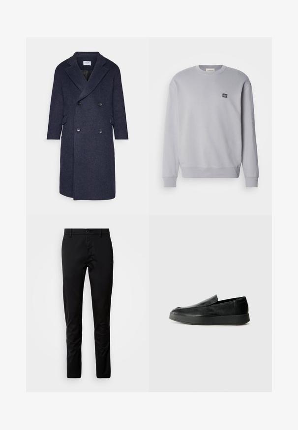 Morske modra volna jakna z dvojno zapenjanjem, zaprtimi reverji in dvema sprednjima žepoma. Ima pet črnih gumbov za zapiranje in teksturirano končno obdelavo.; Svetlo siva dukserica iz bombažne mešanice. Ima dolge rokave, okroglo ovratnico in mali logotip na prsih. Mehka tekstura.; Črne hlače slim fit kroja, narejene iz gladkega blaga. Imajo pas z gumbom in ravne hlačnice.; Calvin Klein HYBRID CUP - Čevlji brez vezalk - triple black