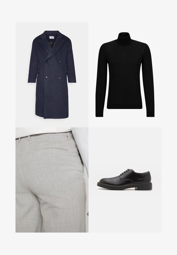 Casaco de lã azul-marinho com um design de duplo botão, lapelas em ângulo e dois bolsos frontais. Apresenta cinco fechos de botão preto e um acabamento texturizado.; Pulôver de gola alta preto, feito de material suave, com mangas longas e ajuste justo. Acabamento canelado na barra e punhos. Design simples.; Calças cinza claro de corte ajustado feitas de tecido texturizado, com um único bolso traseiro e costuras limpas.; Sapatilha preta em couro, com atilhos, ponta arredondada, textura suave, costura mínima e um salto baixo em borracha. Logotipo no calcanhar.