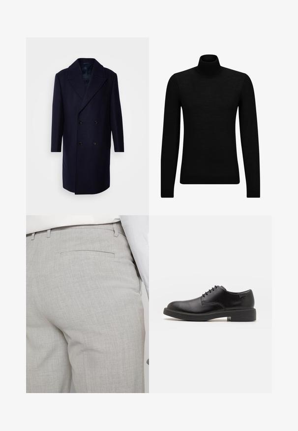 Isaac Dewhirst OVERSIZED COAT - Klasisks mētelis - navy; Melnā augstā kakla džemperis, kas izgatavots no mīksta materiāla, ar garām piedurknēm un pieguļušu piegriezumu. Ribota apdare ap apakšu un piedurknēm. Vienkāršs dizains.; Gaiši pelēkas pielāgotas bikses no teksturēta auduma, ar vienu aizmugurējo kabatu un tīru šuvju apdari.; Melna āda sašūta kurpe ar noapaļotu purngalu, gludu tekstūru, minimālu šuvju skaitu un zemu gumijas papēdi. Logo uz papēža.