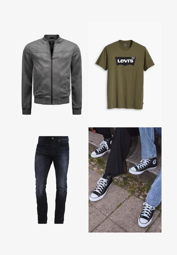 Grijze bomberjack van zacht, glad materiaal met een ritssluiting aan de voorkant, geribbelde manchetten en zoom. Heeft subtiele stikseldetails en zijzakken.; Olijfgroen katoenen T-shirt met een groot zwart Levi's-logo in een contrasterende semi-gebogen vorm over de borst. Regular fit.; Donkerblauwe slim-fit jeans met een lichte vervaging op de dijen en knieën, met voorzakken, riemlussen en een knoopsluiting.; Zwarte canvas sneakers met hoge schacht, witte rubberen zolen en veters, met een cirkelvormig logo aan de zijkant, gecombineerd met denim en zwarte broeken.