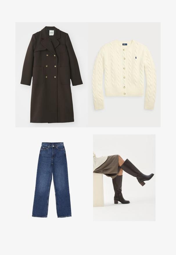 Bruine dubbelzijdige jas met een notch-kraag, grote voorzakken, goudkleurige knopen en een op maat gemaakte silhouet van een wolblend stof.; Polo Ralph Lauren CABLE-KNIT WOOL-CASHMERE CARDIGAN - Vest - authentic cream; Twee mouwloze geribbelde coltruien in bruin en zwart, weergegeven op een effen witte achtergrond.; Wijde spijkerbroek in blauwe denim met hoge taille, voorzien van een knoopsluiting, vijf zakken en subtiele vervaging op de stof.; Bruine leren laarzen tot de knie met een vierkante neus, stevige hak en zijrits. Gladde textuur met een gepolijste afwerking.
