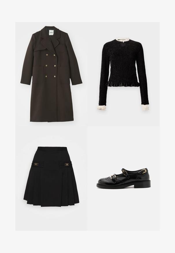 Abrigo marrón de doble botonadura con solapas, grandes bolsillos frontales, botones en tono dorado y una silueta entallada en una tela de mezcla de lana.; Top negro de manga larga con tejido texturizado, dobladillo con volantes y acentos de volantes blancos en el cuello y los puños. Presenta un cierre central en forma de lazo.; Falda negra con pliegues y acentos de hardware dorado. Presenta bolsillos laterales con detalles del logotipo, fabricada en material suave. Silueta en A.; Zapatos de cuero negro con detalles de brogue, que presentan dos correas con hebillas, una puntera redondeada y un tacón bajo. Textura suave con un acabado brillante.