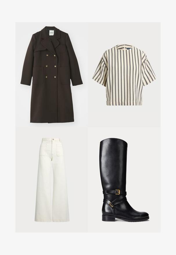 Barna, dupla soros kabát, bemetszett gallérral, nagy elülső zsebekkel, arany árnyalatú gombokkal és testhezálló fazonnal, gyapaötvözetből készült.; Rövid ujjú, csíkos felső krém és tengerészkék színben, kerek nyakkivágással és dobozos fazonnal, texturált anyagból.; Széles szárú farmernadrág off-white denim anyagból. Magas derekú dizájn, gombos záródással, két elülső zsebbel és kontrasztos varrási részletekkel.; Fekete bőrből készült, térdig érő csizma, lekerekített orral, alacsony block sarkával, és dupla pántokkal, arany csattal díszítve. Simább felület.