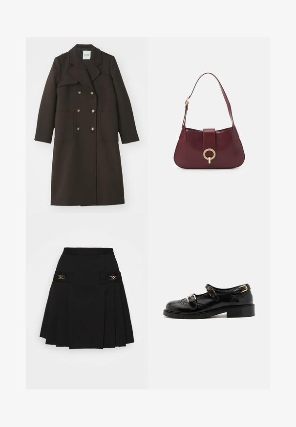 Brun dobbeltradet frakke med notched krave, store forlommer, guldtonede knapper og en skræddersyet silhuet i en uldblanding.; Skåret skjorte i lys grøn og hvidt ternet mønster. Har en hvid krave og lange ærmer med knapmanchetter. Blødt stof.; Sort plisseret nederdel med guldhardware. Har sidelommer med logo-detaljer, lavet af glat materiale. A-formet silhuet.; Sorte lædersko med brogue-detaljer, der har to spænder, rund tå og lav hæl. Glat tekstur med blank finish.; Bordeaux læderhåndtaske med en kurvet form, et gyldent cirkulært hardware-accents og en enkelt skulderrem. Glat tekstur, minimalistisk design.