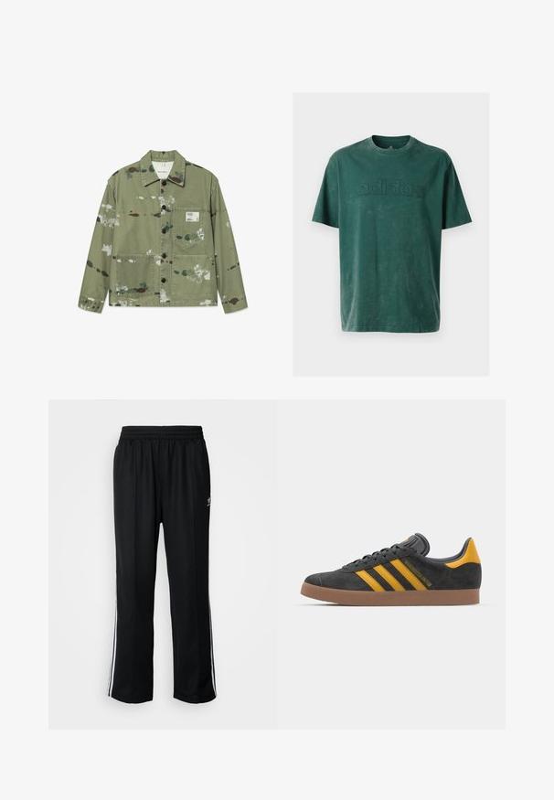 Kanvasjakas muted zaļā krāsā ar daudzkrāsainiem krāsas traipiem. Iespējas ar priekšējo pogu aizdari, divi kabatu pleci un birka uz krūtīm.; Tumši zaļš kokvilnas t-krekls ar apaļu kakla izgriezumu, īsām piedurknēm un izcelta "adidas" logotipa dizainu uz krūtīm, kas atbilst kreklam.; Melni sporta bikses ar elastīgu jostas vietu, kurām ir baltas sānu svītras un neliels logotips. Materiāls izskatās mīksts un viegls.; Melnas zamšādas kedas ar dzelteniem akcentiem, kurām ir trīs svītras un brūna gumijas zole. Iekļauta mīksta valkāšanas tongue komfortam.