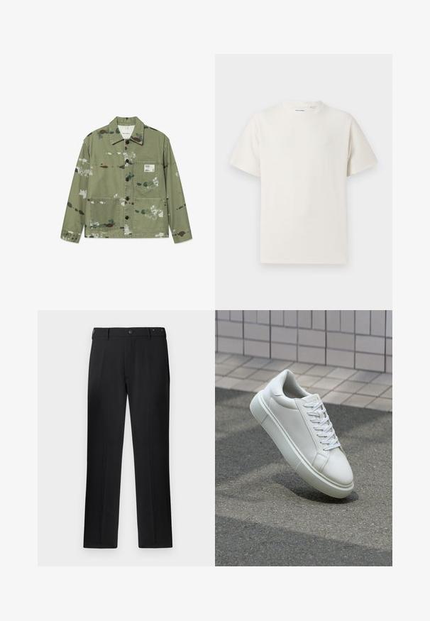 Canvasjacka i dämpad grön med flerfärgade färgsplatter. Har framknäppning, två fickor och en etikett på bröstet.; Vit t-shirt med kort ärm i ribbad struktur. Rund halsringning, löst sittande passform, inga synliga mönster eller detaljer. Enkelt och mångsidigt design.; Svart byxor med rak bendesign, knappstängning och bälteshällor, med en slät yta och inga synliga mönster eller detaljer.; Vit lädersneaker med en slät yta, rund tå och platta vita snören. Har en texturerad gummisula och minimalistiska designelement.