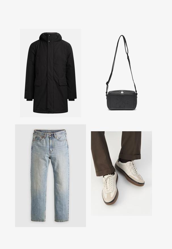 Zwarte lange winterparka met capuchon, frontrits en knoopsluiting, twee borstzakken en twee klepzakken op de taille.; Beige lange mouwen trui met een ronde hals, gemaakt van zachte, gestructureerde stof. Heeft ribgebreide manchetten en zoom, en een klein logo detail.; Lichtblauwe denim jeans met hoge taille, frontknop, rits en vijfzakkenontwerp, plat gelegd op een neutrale achtergrond.; Beige sneakers met een leren voorkant van textuur-suède, gladde leren zijkanten en een bruine rubberen zool. Veters en lichte stikseldetails inbegrepen.; Zwarte leren schoudertas met een ritssluiting, reliëflogo aan de voorkant en een verstelbare schouderriem. Gladde textuur met een rechthoekige vorm.
