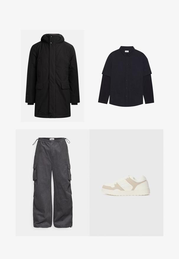 Zwarte lange winterparka met capuchon, frontrits en knoopsluiting, twee borstzakken en twee klepzakken op de taille.; Donkerblauwe overhemden met een spread collar, korte mouwen met een verlengde onderlaag en vijf knopen aan de voorkant. Softe stof met een subtiele textuur.; Grijze cargobroek van textuurstof, met een elastische tailleband, trekkoord en zijzakdetails. Loose fit met wijde pijpen.; Witte en beige sneaker met een combinatie van gladde en suède texturen, ronde neus, vetersluiting en een platte rubberen zool.