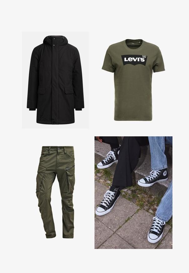 Crna duga zimska parka sa kapuljačom, prednjim zatvaračem i kopčanjem na dugmad, dva džepa na prsima i dva džepa s preklopom na struku.; Maslinasto zelena pamučna majica s velikim crnim Levi's logotipom sprijeda. Klasični okrugli izrez i kratki rukavi, glatka tekstura.; Maslinaste zelene cargo hlače napravljene od čvrste pamučne tkanine. Imaju višestruke džepove, bočni džep sa zatvaračem i sužene nogavice sa blago teksturiranim završetkom.; Crne visoke platnene tenisice s bijelim gumama i vezicama, sa kružnim logom sa strane, u kombinaciji s trapericama i crnim hlačama.