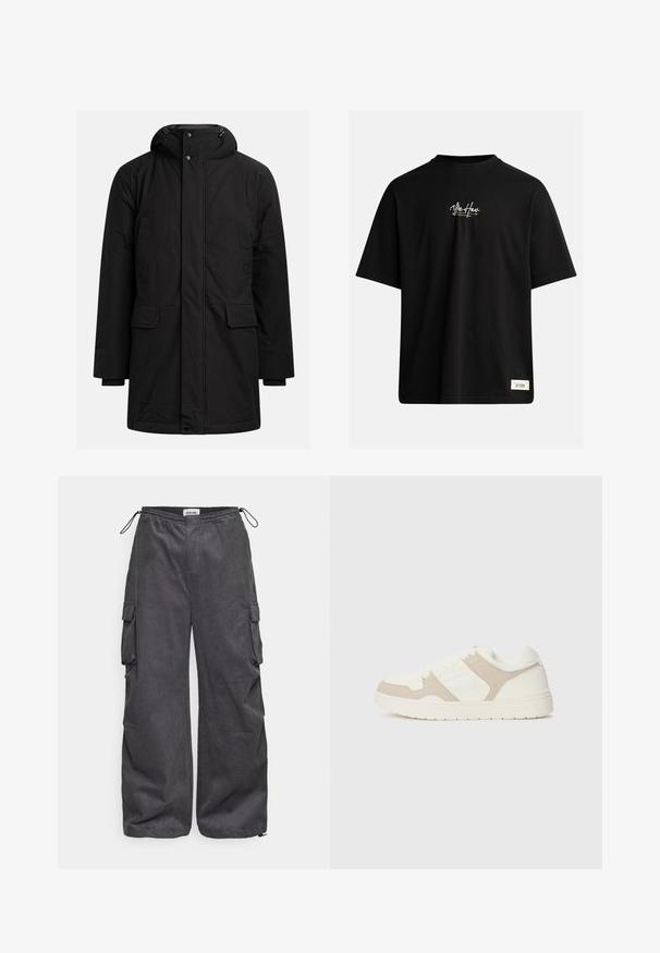 Crna duga zimska parka sa kapuljačom, prednjim zatvaračem i kopčanjem na dugmad, dva džepa na prsima i dva džepa s preklopom na struku.; Crna kratka majica od pamuka. Ima mali bijeli logo na prsima i pravokutnu oznaku u donjem desnom kutu.; Sive cargo hlače od teksturirane tkanine, s elastičnom trakom, vezicom i detaljima sa bočnim džepovima. Slobodan kroj s širokim nogavicama.; Bijele i bež tenisice s kombinacijom glatkih i antilop tekstura, okruglim prstima, vezanjem i ravnim gumenim potplatom.
