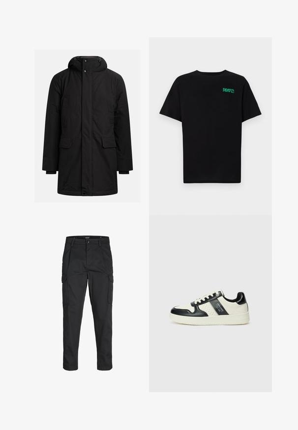 Sort lang vinterparka med hætte, frontlynlås og knaplukning, to brystlommer og to klaplommer ved livet.; Sort t-shirt lavet af bomuld med korte ærmer. Har et grønt "ROOTS" logo på forsiden, rund halsudskæring og almindelig pasform.; Sorte cargo-bukser lavet af slidstærkt stof, der har flere lommer, en knaplukning og et slim fit design med smalle ben.; Lædersneakers i sort og creme farveskema, med perforerede detaljer, en polstret krave og en struktureret ydersål.