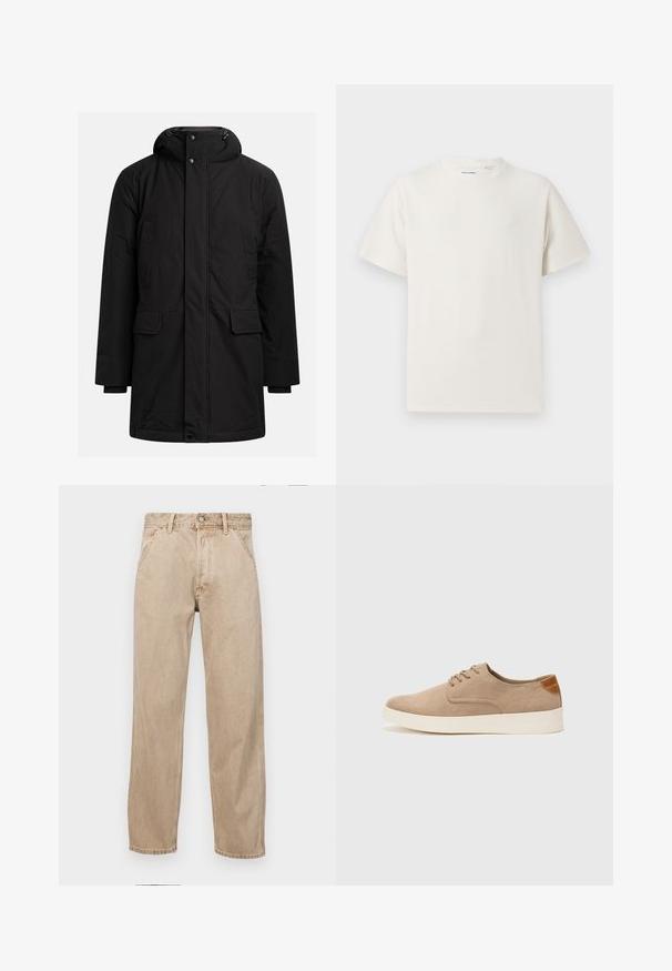 Schwarze lange Winterparka mit Kapuze, Frontreißverschluss und Knopfverschluss, zwei Brusttaschen und zwei Klapptaschen auf Hüfthöhe.; Weißes T-Shirt mit kurzen Ärmeln in gerippter Textur. Runder Ausschnitt, lockere Passform, keine sichtbaren Muster oder Akzente. Einfaches und vielseitiges Design.; Beige Denim-Jeans mit geradem Beinschnitt, ausgestattet mit Vordertaschen, einem Metallknopfverschluss und feiner Textur.; Beige Wildleder-Sneaker mit runder Zehenpartie, Schnürung und strukturiertem Rückenteil. Die weiße Gummisohle sorgt für einen Kontrast. Einfaches und modernes Design.