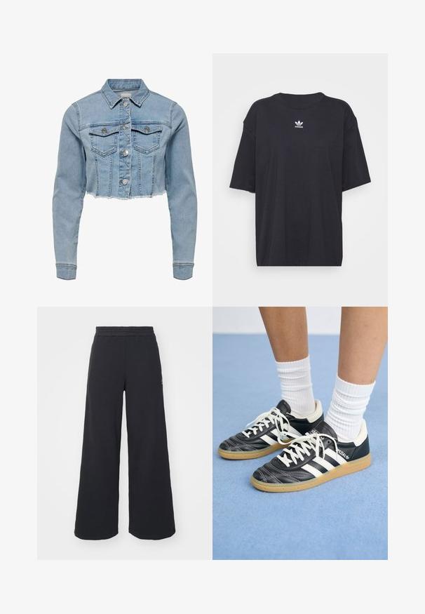 Šviesiai mėlynas, trumpintas džinsinis švarkas. Turi klasikinius apykaklės, sagčių užsegimą, dvi krūtines kišenes ir suplėšytą apačią. Pagamintas iš minkštos medvilnės.; Juodas medvilnės marškinėliai trumpomis rankovėmis, apvaliu iškirpimu, su baltu Adidas logo ant krūtinės. Paprastas dizainas, laisvas kirpimas.; Juoda plačių kojų sportinė kelnė, pagaminta iš minkštos medžiagos, su elastinga juosmens juosta ir mažu logotipu kairėje pusėje.; Juodos odinės sportbačiai su baltais dryžiais, apvalia nosimi, baltais raišteliais ir guminiu padu. Pabrėžti paminkštinta apykakle ir prekių ženklų detalėmis.