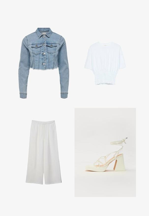 Krótkowana kurtka dżinsowa w jasnoniebieskim kolorze. Posiada klasyczny kołnierzyk, zapinanie na guziki, dwie kieszenie na piersi oraz postrzępiony dół. Wykonana z miękkiej bawełny.; Biała koszulka z krótkim rękawem o luźnym kroju i marszczonym wykończeniu w talii. Wykonana z miękkiego, lekkiego materiału.; Białe szerokie spodnie wykonane z lekkiego materiału, z elastyczną talią i sznurkiem do regulacji fasonu. Gładka tekstura.; Biała sandał na wysokim obcasie z masywnym słupkiem, z paskowym wzorem i wiązaniem przy kostce. Gładka faktura z platformą z przodu dla dodatkowej wysokości.