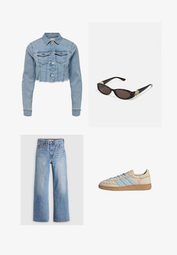 Skraćena traper jakna svijetloplave boje. Ima klasičan ovratnik, kopčanje na dugmiće, dva džepa na prsima i izlizani rub. Izrađena od mekog pamuka.; Bijela majica bez rukava s podesivim naramenicama, prilagođenog kroja, s glatkom teksturom tkanine i okruglim izrezom. Nema uzoraka ili metalnih detalja.; Svijetloplavi traper široki traperice s visokim strukom, istovarenim dijelovima, pet džepova i kontrastnim šavovima. Klasično kopčanje na dugme i patentni zatvarač.; Bež tenisice s teksturiranim pletenim gornjim dijelom, svijetloplavim trakama i smešim gumenim potplatom. Imaju okrugle vezice i detalj s logotipom sa strane.; Suncane naočale od kornjačevine s izduženim ovalnim lećama, smešnim nijansama, zlatnim logotipom na drškama i elegantnim crnim krakovima.