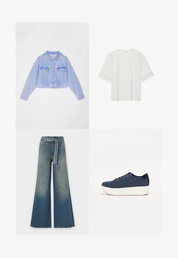 Šviesiai mėlyna trumpa džinsinė striukė su mygtukų užsegimu, dviem krūtinės kišenėmis ir kontrastingomis siūlėmis, turinti klasikinį apykaklę ir ilgas rankoves.; Balta trumpomis rankovėmis marškinėliai, pagaminti iš medvilnės, su dekoratyviais nėriniais aplink rankoves ir apvaliu kaklu.; Platus džinsinis kelnes su šviesiai tamsiai mėlynu gradientu, aukštu juosmeniu, diržo kilpomis ir atitinkančiu audinio diržu. Textūruotas džinsinis paviršius.; Tamsiai mėlynas sportinis batelis su tekstūruotu audiniu viršuje, baltu platformos padu, apvaliu pirštu ir juodu kulno akcentu.š. Yra šešios skylės raišteliams.