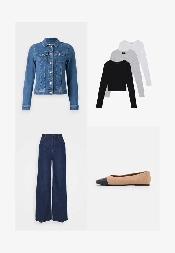 Denim jacket featuring a light blue color, button front, two chest pockets, and long sleeves with fitted cuffs. Distressed texture in areas.; Three long-sleeve tops stacked: black, grey, and white. Each has a round neckline and a cropped design with smooth, lightweight fabric.; High-waist wide-leg dark blue denim jeans with front and back pockets, button closure, and visible stitching details.; Beige suede ballet flat with a black leather rounded toe cap, low heel, and smooth texture, featuring minimal stitching and a clean design.