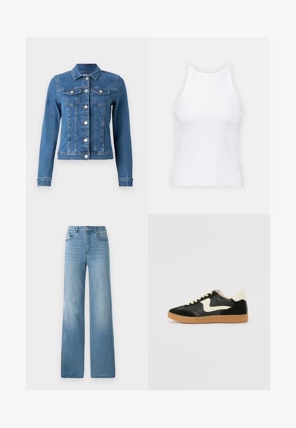 Farmere dzseki világoskék színben, gombos elülső résszel, két mellzsebbel és hosszú, szűkített ujjakkal. Helyenként elhasználódott textúrával.; Fehér ujjatlan trikó ribbed anyagból, lekerekített nyakkivágással és testhez simuló siluettel, minimális varrásokkal és díszítések nélkül.; Világoskék, magas derekú farmernadrág egyenes szabással. Denim anyagból készült, öt zsebbel és gombos záródással.; Fekete velúr és bőr sneaker, krém színű oldalsó swoosh-sal és világos krém színű sarokkal. Beigézett fűzőkkel és gumi talppal rendelkezik.
