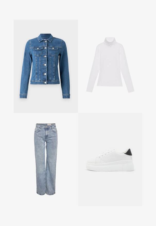 Jachetă din denim de culoare albastru deschis, cu închidere prin butoni, două buzunare pe piept și mâneci lungi cu manșete ajustate. Textură uzată în anumite zone.; Tricou alb cu mâneci lungi și guler înalt, realizat dintr-un material neted și elastic. Dispune de un design ajustat, fără modele vizibile sau embellishments.; Jeans din denim, de un albastru deschis, cu croială largă, talie înaltă, design cu cinci buzunare și o ușoară decolorare pentru un aspect purtat.; Adidași albi cu platformă, fabricați din material sintetic neted, cu vârf rotund, design cu șireturi și talpă din cauciuc texturat. Accente negre la călcâi.