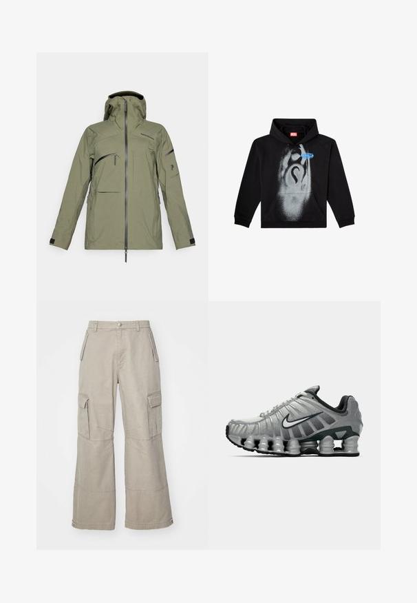 Giacca impermeabile verde oliva con cappuccio, multiple tasche con zip, polsini regolabili e una texture liscia. Presenta un design minimalista.; Felpa nera con cappuccio in cotone. Presenta una tasca frontale, un cappuccio con cordino e un design a spruzzo grigio con un accento blu sull'etichetta.; Pantaloni cargo in khaki realizzati in cotone misto, con gambe ampie, molteplici tasche laterali e sottili dettagli di cucitura.; Scarpa da corsa Nike grigia e nera con ammortizzazione visibile a molla sotto la suola e logo swoosh bianco di lato.