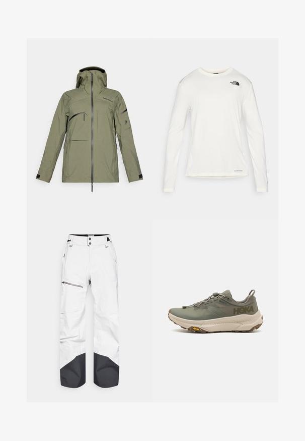 Olive green waterproof jacket with a hood, multiple zippered pockets, adjustable cuffs, and a smooth texture. Features minimalistic design.; White long-sleeve shirt with a round neck, textured fabric, black logo on the left shoulder, and subtle branding at the bottom.; White snow pants with black accents at the hem, featuring a zippered thigh pocket and snap closure. Made of weather-resistant material.; Green Hoka running shoe with Gore-Tex upper, textured accents, elastic laces, and thick beige outsole featuring Vibram logo.