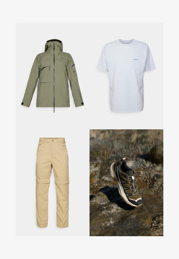 Oliwkowa wodoodporna kurtka z kapturem, wieloma zamykanymi na zamek kieszeniami, regulowanymi mankietami oraz gładką fakturą. Charakteryzuje się minimalistycznym designem.; Biała bawełniana koszulka z krótkim rękawem, okrągłym dekoltem i kieszonką na lewej piersi z niebieskim logo "Patagonia". Klasyczny krój o gładkiej fakturze.; Beżowe spodnie z zamkiem błyskawicznym, o gładkiej fakturze, z dwiema bocznymi kieszeniami, zapięciem na guzik i podwijanymi mankietami dla wszechstronności.; Buty trekkingowe w oliwkowym zielonym i czarnym kolorze z różowymi akcentami. Posiadają teksturowaną górę, elastyczną podeszwę, wzmocniony czubek oraz kolorowy system sznurowania.