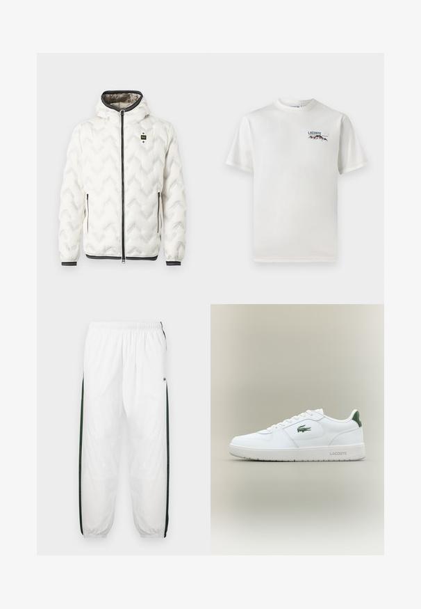 Balta pūkinė striukė su kapišonu, turinti siuvinėtą zigzago raštą, juodą užtrauktuką ir rankogalius su baltais dryžiais. Lengva ir šilta konstrukcija.; Baltas medvilninis marškinėliai su apykakle, trumpomis rankovėmis ir mažas siuvinėtas logotipas, vaizduojantis kalnus ir tekstą ant kairiojo krūtinės.; Baltos treniruočių kelnės su tamsiai žaliais šonų juostelėmis. Lengva medžiaga, elastinga juosmens juosta ir apASPIRUOTI rankogaliai. Šonų juostelėse yra tinklelio tekstūra.; Balti odiniai sportbačiai su lygiu paviršiumi, žaliais akcentais ant kulno ir žalia logotipu šone. Siūlo plokščią pado struktūrą ir apvalią nosį.