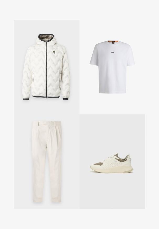 Hvid pufjakke med hætte, der har et quiltet zigzag-mønster, sort lynlås og ærmer med hvide striber. Letvægts og isoleret design.; Hvid bomuld T-shirt med korte ærmer, med et sort "BOSS" logo centreret på brystet og en rund halsudskæring.; Hvide, plisserede bukser med en skræddersyet pasform, der har en glat overflade, bæltestropper og smalnede ben. Ingen synlige lommer eller mønstre.; Hvide og lyse beige sportssko med en mesh-overdel, perforerede detaljer og en tekstureret mellemsål med branding på hælen.