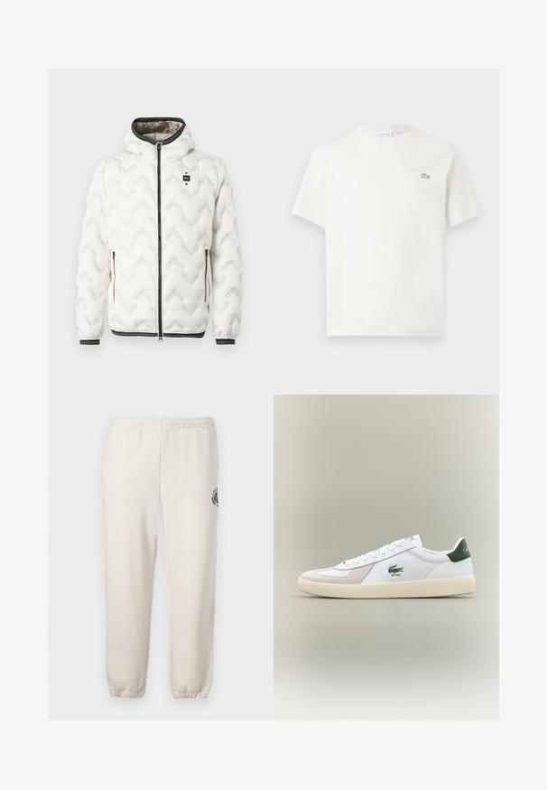 Valge pufjakas, millel on kapuuts, millel on tepitud siksakimuster, must kett ja valgete triipudega mansetid. Kerge ja soojust isoleeriv disain.; Valge puuvillane T-särk lühikeste varrukatega, millel on diskreetne brodeeritud logo ja minimalistlik disain. Pehme tekstuur, ümar kaelusekujundus.; Heledadbežased püksid, mis on valmistatud puuvillast, varustatud elastse vöökohtaga, soonikute lõpetustega ja vasakul jalal on roheline logo lehe kujundusega.; Valged sneaks roheliste aktsentidega, nahast ja sametmaterjalidest, ümmarguse varbaga, tekstuuriga välistallaga ning tikandiga logo külje ja keele peal.
