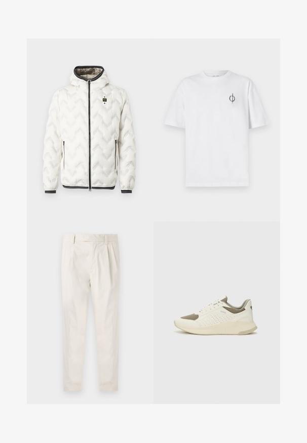Biely páperový kabát s kapucňou, s prešívaným cik-cak vzorom, čiernym zipsom a manžetami s bielymi pruhmi. Ľahký a zateplené prevedenie.; Biela bavlnená tričko s voľným strihom, s malým čiernym grafickým logom na ľavej strane hrudníka. Krátke rukávy, okrúhly výstrih.; Biele plisované nohavice s prispôsobeným strihom, s hladkou textúrou, pútkami na opasok a zúženými nohavicami. Žiadne viditeľné vrecká ani vzory.; Biele a svetlo béžové športové tenisky s hornou časťou z mriežkového materiálu, perforovanými detailmi a textúrovanou medzipodrážkou s logom na päte.