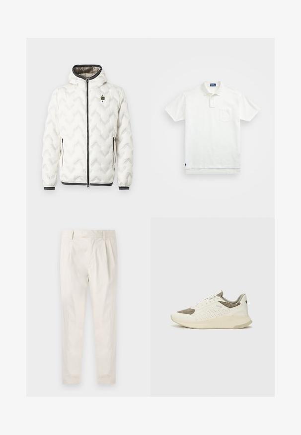 Biała kurtka puchowa z kapturem, z pikowanym wzorem w zygzak, czarnym zamkiem i mankietami z białymi paskami. Lekka i ocieplana konstrukcja.; Biała koszulka polo wykonana z bawełny, z klasycznym kołnierzykiem, trzema guzikami oraz kieszonką na lewym piersi; małe logo na dolnym brzegu.; Białe, plisowane spodnie o dopasowanym kroju, z gładką fakturą, szlufkami na pasek i zwężanymi nogawkami. Brak widocznych kieszeni lub wzorów.; Białe i jasnobeżowe sneakersy sportowe, z siateczkową cholewką, perforowanymi detalami oraz teksturowaną podeszwą śródstopia z brandingiem na pięcie.