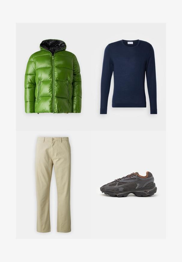 Vihreä puffatakki, jossa on kiiltävä pinta, vetoketjukiinnitys ja musta sisustus. Varustettu kahdella vetoketjullisella etutaskulla ja hupulla.; Tummansininen pitkähihaisen neule, joka on valmistettu hienosta neuloksesta. Ominaisuuksiin kuuluu pyöreä pääntie ja ribbireunat hihoissa ja helmassa. Calvin Klein -logo on näkyvissä.; Beige puuvillahousut suoran lahkeen muotoilulla, etupainike sulkeminen ja vyölenkit. Sileä pinta, ei näkyviä kuvioita tai yksityiskohtia.; Lacoste-tennar i mörkgrått med nät- och syntetmaterial, med en texturerad sula och bruna accenter på kragen och märket.