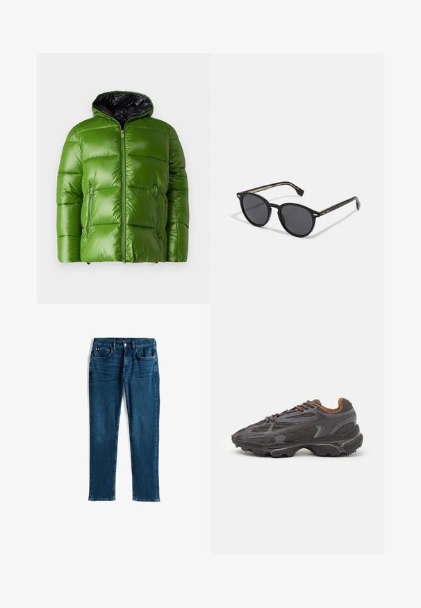 Zelena puhovka s svetlečo površino, zadrgo in črnim notranjim delom. Ima dva sprednja žepa na zadrgo in kapuco.; Rdeča bombažna majica s kratkimi rokavi, krožnim ovratnikom in majhnim logotipom na levem prsnem košu. Gladka tekstura in običajna prileganje.; Temno modri jeans, ravnega kroja, s petimi žepi, z diskretnim obrabljenim videzom in kontrastnim šivanjem, kovinsko dugovanje in zadrgo.; Lacoste teniske v temno sivi barvi z mrežasto in sintetično prevleko, s teksturiranim podplatom in rjavimi detajli na ovratniku ter blagovni znamki.; BOSS Sončna očala - black