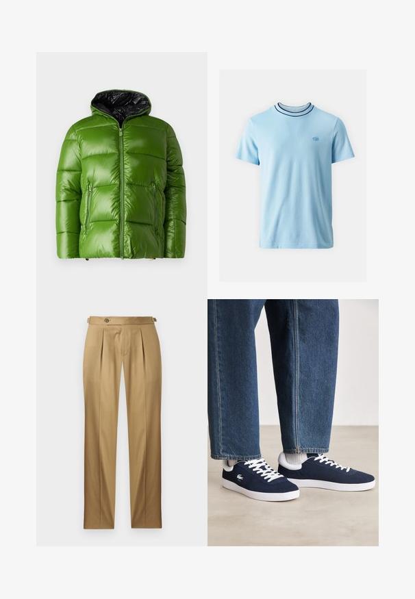 Green puffer jacket with a glossy finish, zip closure, and a black interior. Features two zippered front pockets and a hood.; Lacoste Basic T-shirt - overview; Beige trousers with a straight fit, featuring pleats, a button closure, and belt loops. Smooth fabric with a clean, tailored look.; Blue canvas sneakers with white laces and rubber soles, displayed with denim trousers and grey ribbed socks, on a light grey surface.