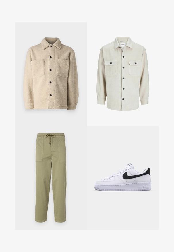 Beige, fleece'iga voodriga jakk, millel on kaelus, kaks esipoolset taskut ja mustad nupud. Tekstureeritud kangas nähtava õmbluse detailiga.; Beež flanellist särk, millel on krae, kahe rinnatasku ja mustade nööpidega, pikaaeline varrukad nööpidega cuffs.; Kerged oliivrohelised püksid, mis on valmistatud puuvilla segakangast, elastse vöökoha ja nööriga, ning kahel suurel küljeosal.; Valge nahast toss musta tekstuuriga Swooshiga, lamedate nööridega ja kummist tallaga, millel on sooneline muster. "AIR" on reljeefne kandadel.