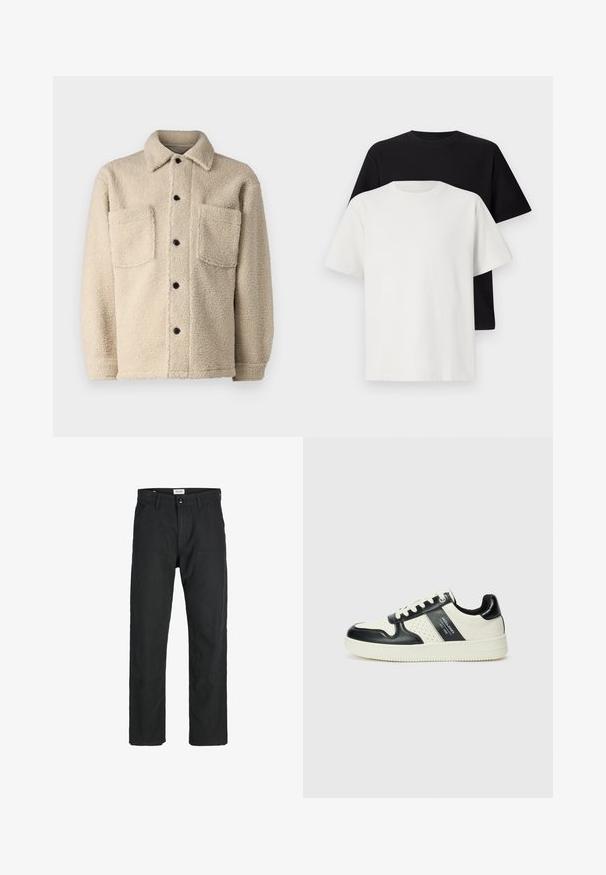 Bež jakna s flis podlogom, s ovratnikom, dva prednja džepa i crnim dugmadima. Teksturirana tkanina s vidljivim detaljima šivanja.; Set pamučnih majica koji uključuje crnu i bijelu majicu, obje s kratkim rukavima, okruglim izrezom i klasičnim krojem. Tekstura tkanine.; Crne hlače od izdržljivog materijala, s ravnim krojem, šivenim detaljima i dva prednja džepa za funkcionalnost.; Kožne tenisice s crno-bijelom paletom boja, koje imaju perforirane akcentne detalje, podstavljeni ovratnik i teksturiranu potplat.