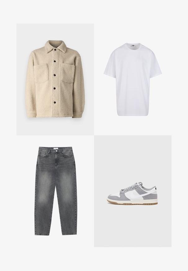 Beige, fleece-lined jacket with a collar, two front pockets, and black button closures. Textured fabric with visible stitching detail.; White cotton t-shirt with short sleeves, rounded neckline, relaxed fit, and no visible logos or patterns. Smooth texture and minimal design.; High-waisted, loose-fitting jeans in faded black denim. Features five pockets, belt loops, and a clean, straight leg design.; Gray and white sneaker with a suede and leather upper, rounded toe, flat laces, and a rubber sole featuring a gum accent.