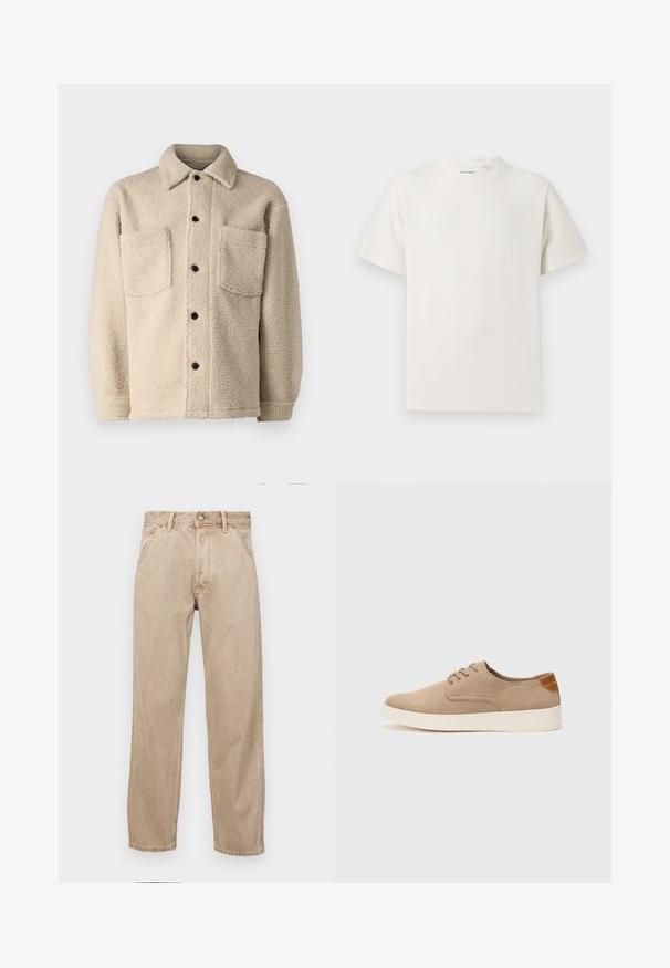 Šviesiai rudas, vilnos pamušalu striukė su apykakle, dviem priekinėm kišenėm ir juodais sagomis. Teksūruotas audinys su matomais siuvimo detalėmis.; Balta trumpa rankovė T-polo marškinėlių su juostelėmis tekstūra. Apvalus iškirpimas, laisvas fasonas, jokių matomų raštų ar akcentų. Paprastas ir universalus dizainas.; Smėlio spalvos džinsai su tiesia kojų siluetu, turintys priekinę kišenę, metalinį mygtuką ir subtilią tekstūrą.; Bežiniai zomšiniai sportbačiai su apvaliomis pirštų dalimis, raišteliais priekyje ir tekstūruotu užkulniu. Balta guma suteikia kontrastą. Paprastas ir modernus dizainas.
