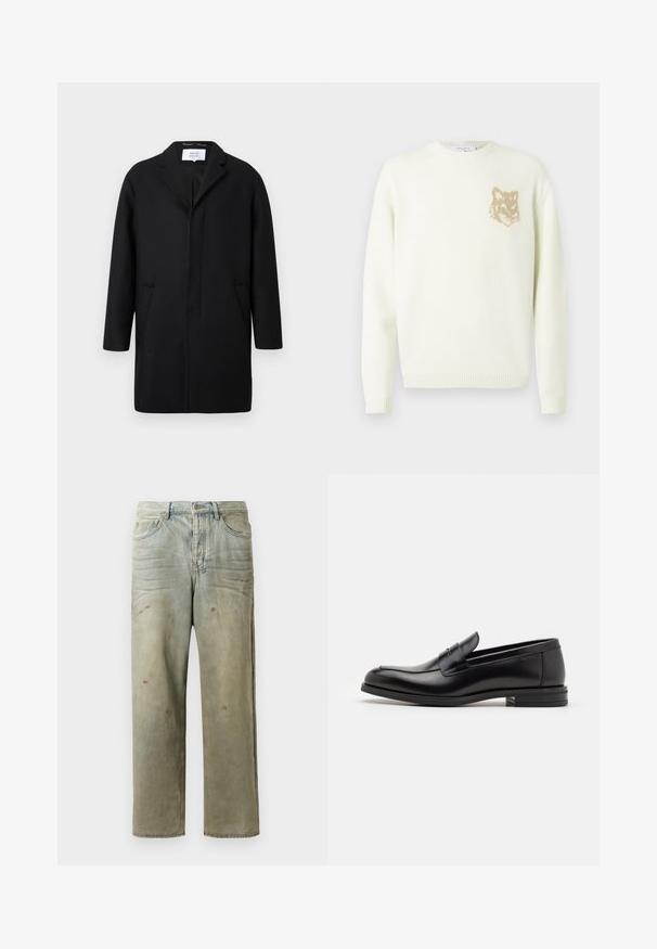 Fekete gyapjú kabát, hajtott gallérral, nyitott elülső résszel és két oldalsó zsebbel. Egyenes szabású és textúrázott anyagú.; Világos krém színű crewneck pulóver hosszú ujjakkal, bal mellrészen egy kis bézs színű rókafej grafikával, bordás mandzsettákkal és aljjal.; Fekete, rövid ujjú, kerek nyakú póló, bal mellen kis hímzett narancssárga róka logóval.; Fakó zöld, kopott farmerszadrág, egyenes lábbal, ötk zsebes kialakítással, egyenetlen kopással és festékcseppekkel.; Fekete bőr loaferek sima textúrával, kerek orral és dekoratív pánttal a vampnál. Alacsony, rétegelt sarkú, minimalista dizájn.